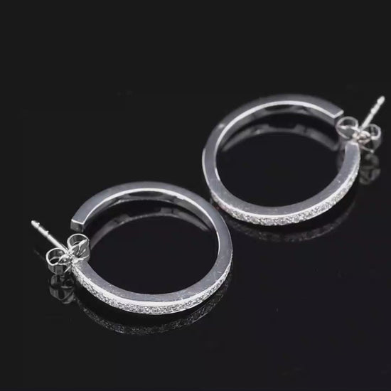 18K(750) Solid White Gold Natural Diamond Hoop Earrings
