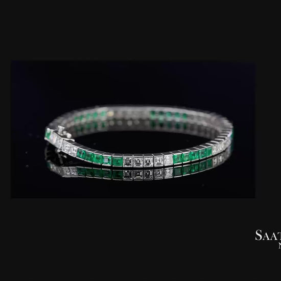 Platinum 950 Custom Made Natural Diamond and Emerald Bezel Tennis Bracelet