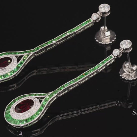 Platinum 950 Dangling Natural Ruby Emerald and Diamond Earring