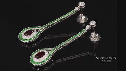 Platinum 950 Dangling Natural Ruby Emerald and Diamond Earring
