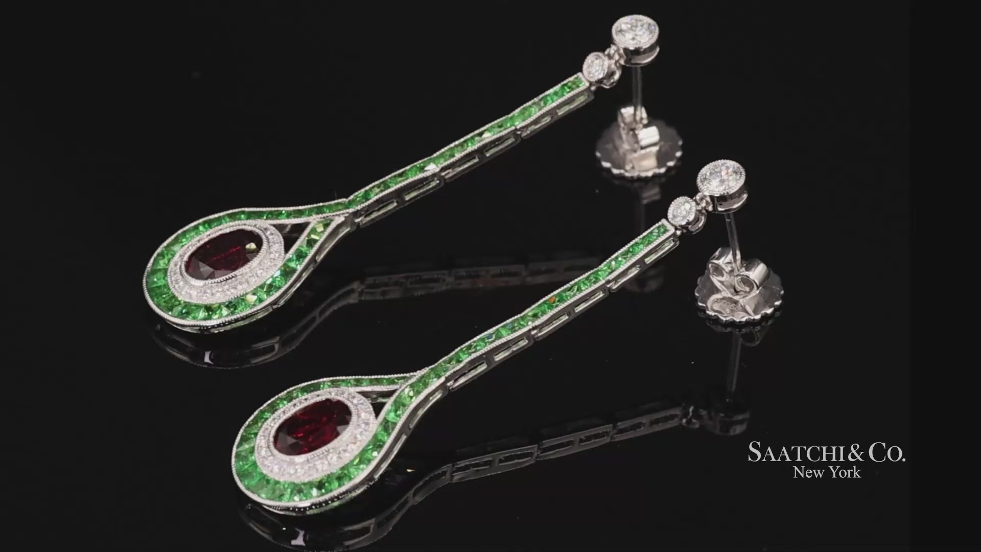 Platinum 950 Dangling Natural Ruby Emerald and Diamond Earring