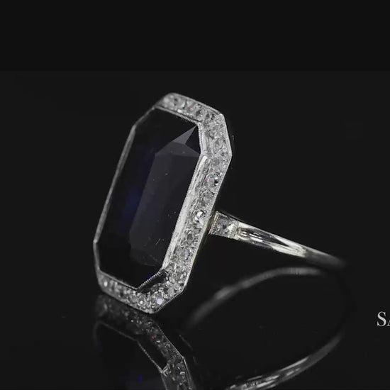 Vintage 18k White Gold Synthetic Sapphire and Natural Diamond Milgrain Ring