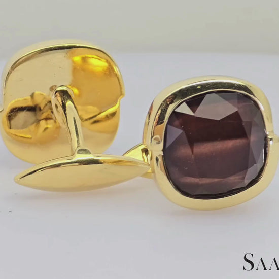 18K (750) Yellow Gold - Natural 15 Ct Brown Quartz: Cufflinks