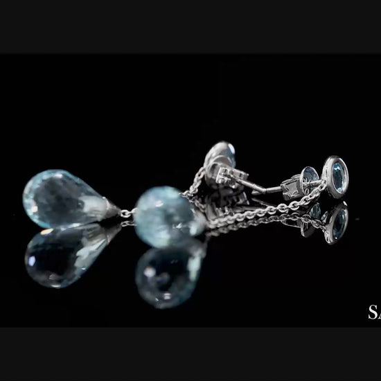 18K 750 Solid White Gold Blue Topaz Drop Earrings