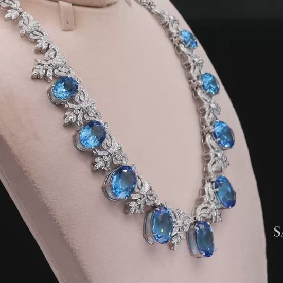 10K White Gold Natural Diamond Royal Blue Topaz Elegant Necklace