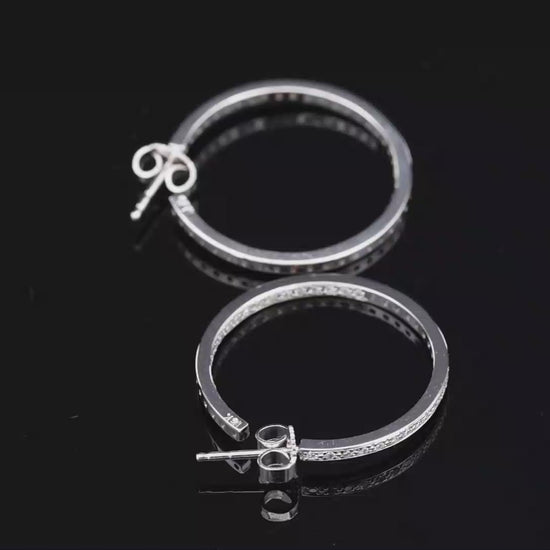 18K 750 Solid White Gold In and Out Natural Diamond Hoop Earrings