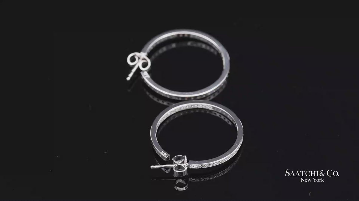 18K 750 Solid White Gold In and Out Natural Diamond Hoop Earrings