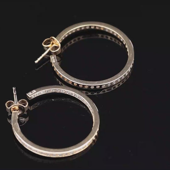 18K(750) Solid Yellow Gold In and Out Natural Diamond Hoop Earrings