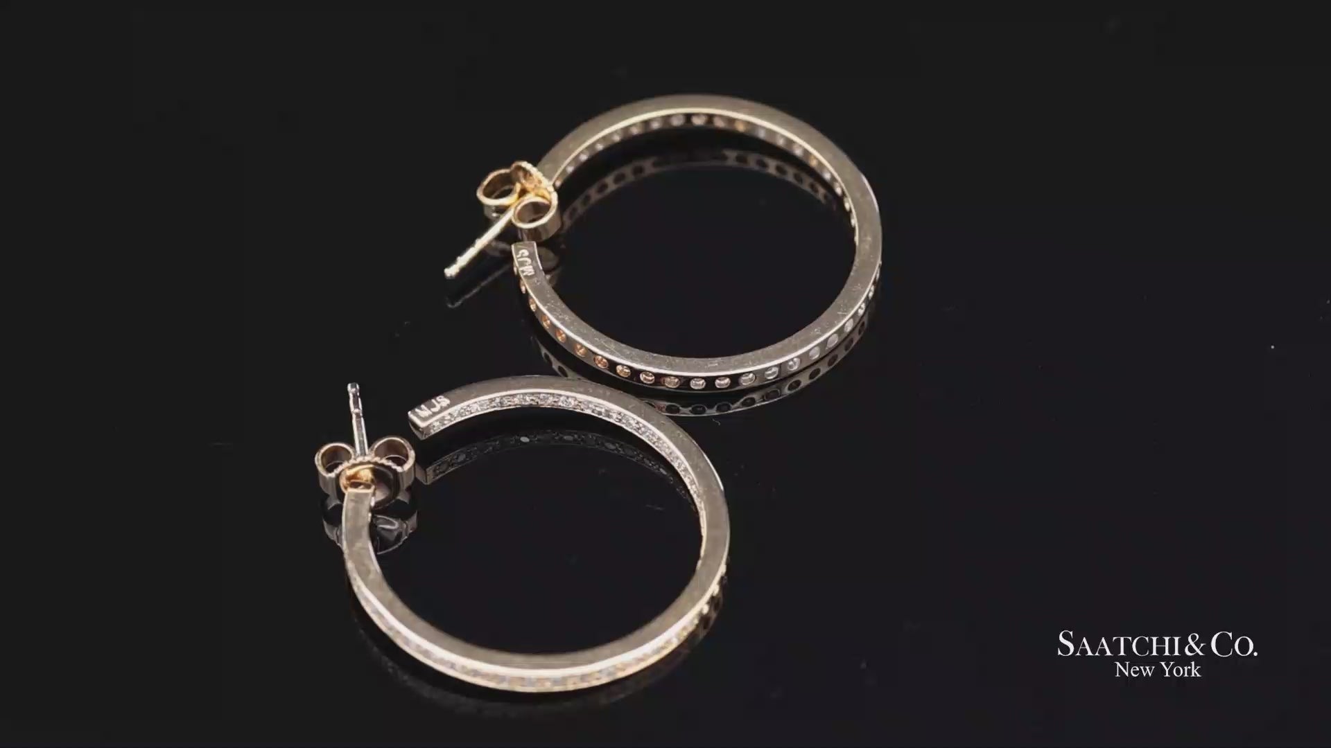 18K(750) Solid Yellow Gold In and Out Natural Diamond Hoop Earrings