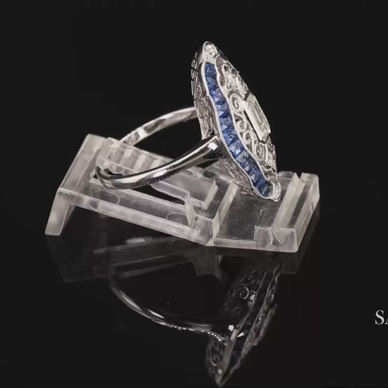 Elegant 18K White Gold Natural Diamond and Blue Sapphire Ring