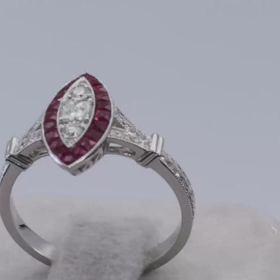 18K (750) White Gold Natural Diamond and Marquise Ruby Milgrain Ring