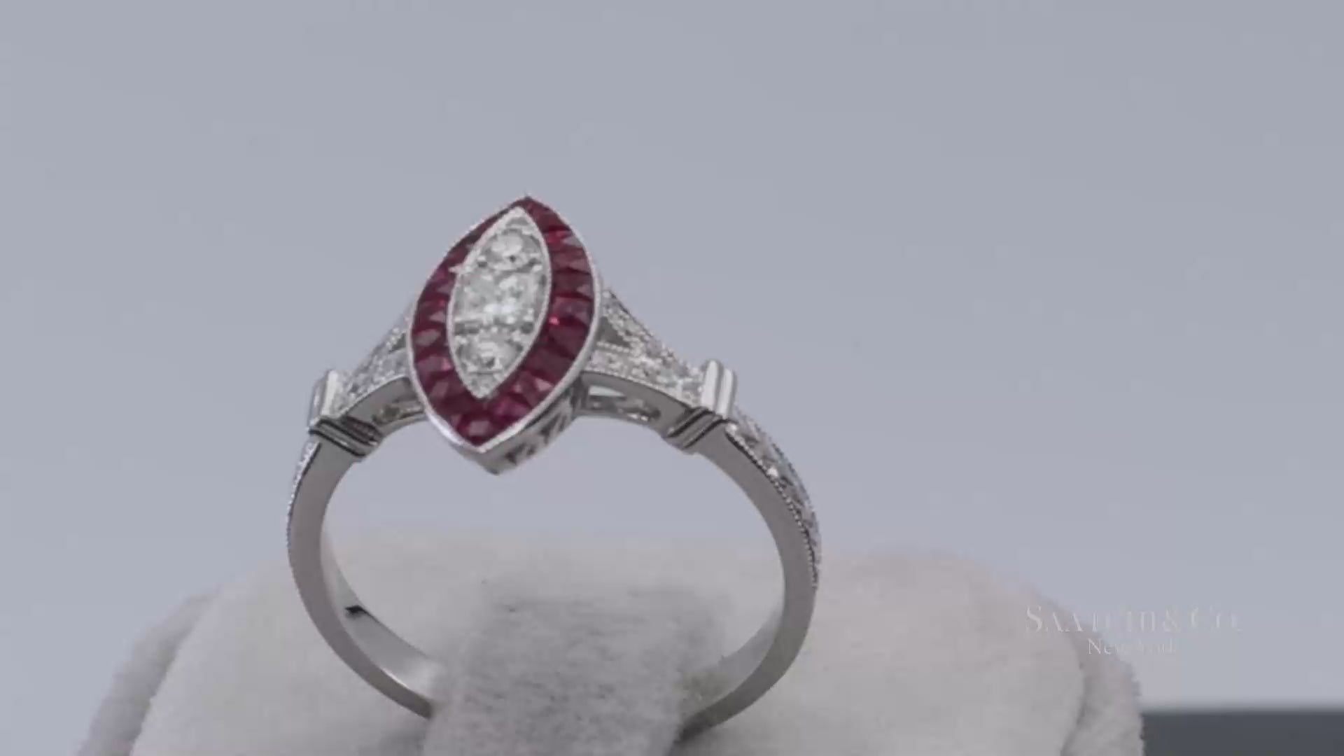18K (750) White Gold Natural Diamond and Marquise Ruby Milgrain Ring