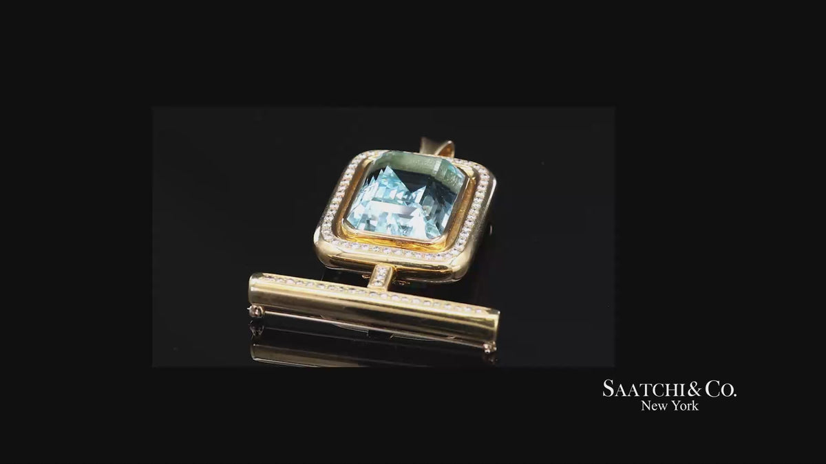 GIA 60 Ct Aquamarine and 4 Ct Diamond 18K Yellow Gold Convertible Pendant Brooch