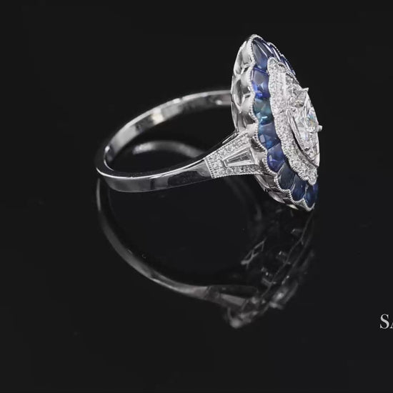 Platinum (950) Natural Diamond and Natural Sapphire Milgrain Ring