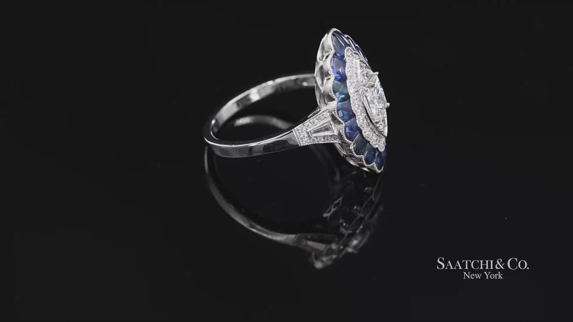 Platinum (950) Natural Diamond and Natural Sapphire Milgrain Ring