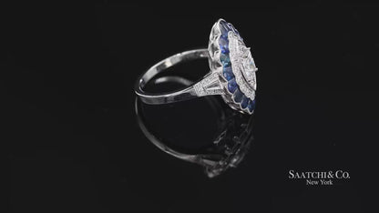 Platinum (950) Natural Diamond and Natural Sapphire Milgrain Ring