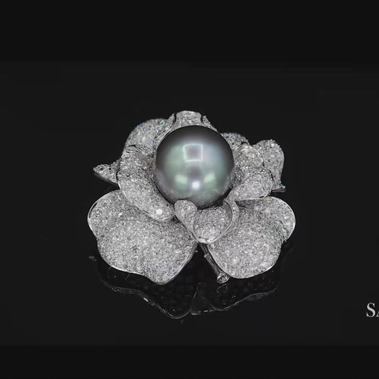 18K(750) White Natural Diamond and Black Pearl Brooch/Pin/Pendant/Necklace