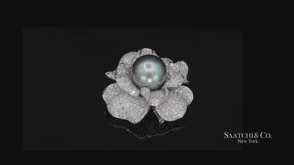 18K(750) White Natural Diamond and Black Pearl Brooch/Pin/Pendant/Necklace