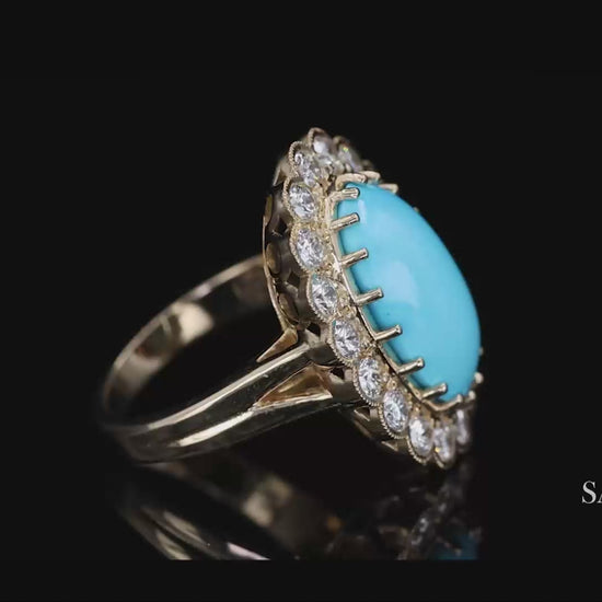 Persian Turquoise Diamond Ring Women Size 7 18K Yellow Gold Glam Luxe
