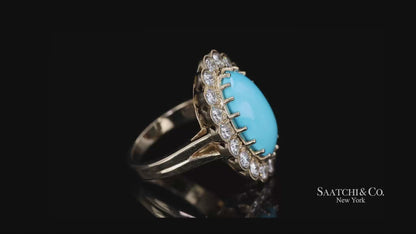 Persian Turquoise Diamond Ring Women Size 7 18K Yellow Gold Glam Luxe