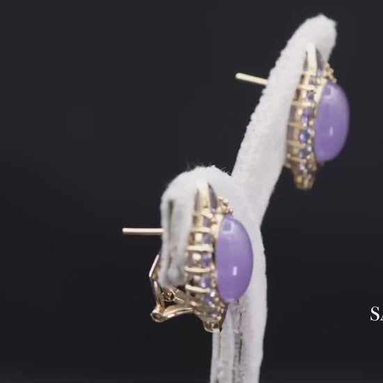 14K(585) Solid Yellow Gold Natural Purple Stone Omega Back Earrings