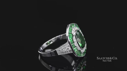18K(750) White Gold Natural Brilliant Diamond and Tsavorite Ring