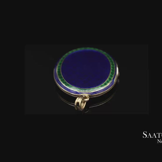 Vintage 18K 750 Yellow Gold Royal Blue & Green Enamel Locket Pendant Necklace