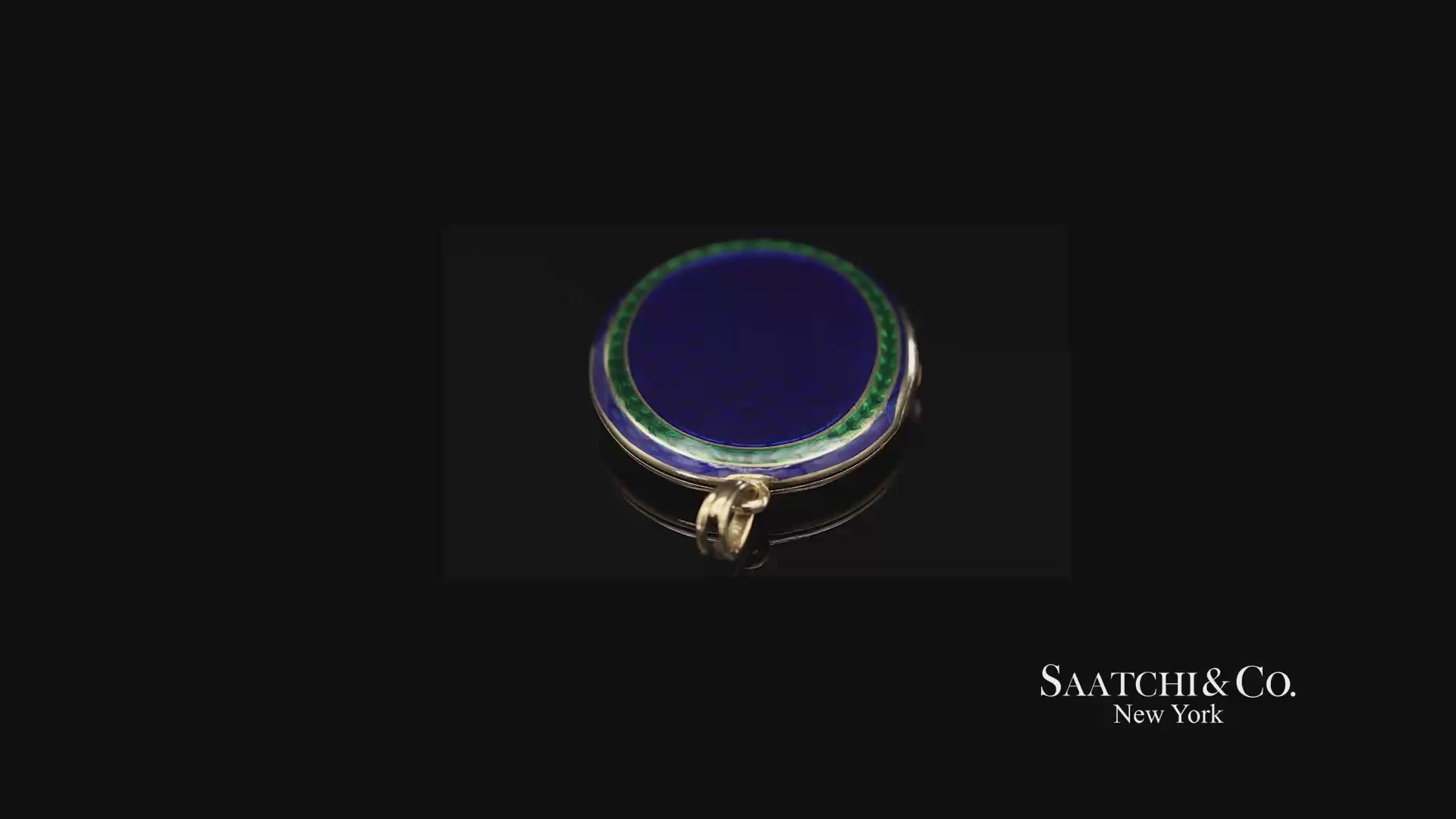 Vintage 18K 750 Yellow Gold Royal Blue & Green Enamel Locket Pendant Necklace