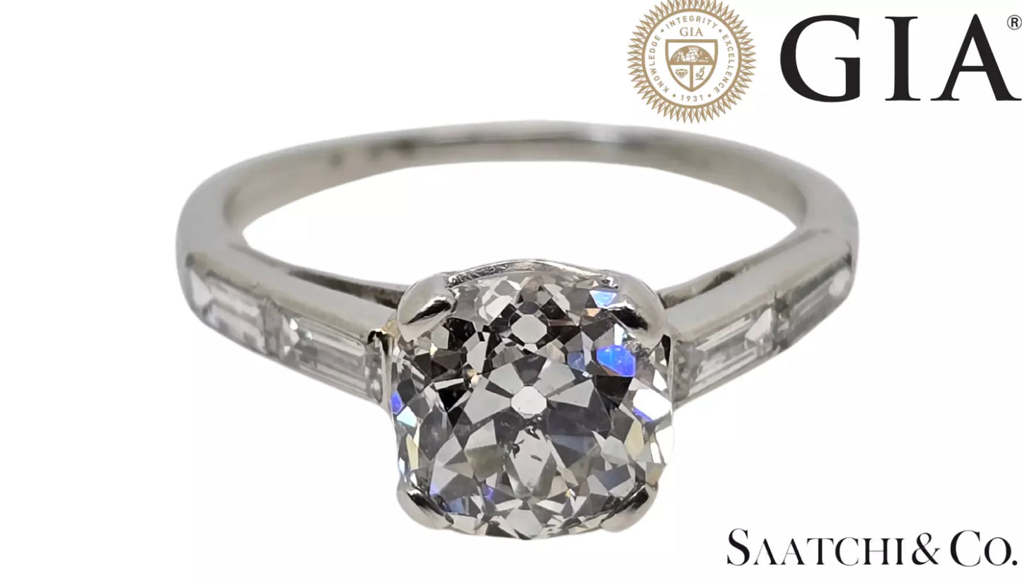 GIA Certified 1.75 Ct Natural Diamond, Vinatge Old 14K White Gold Ring, Size 5.5