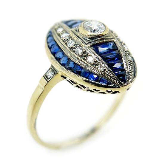 Vintage Reproduction 18K Yellow Gold, Sapphire, and Diamond Ring