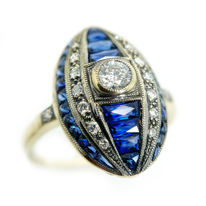 Vintage Reproduction 18K Yellow Gold, Sapphire, and Diamond Ring