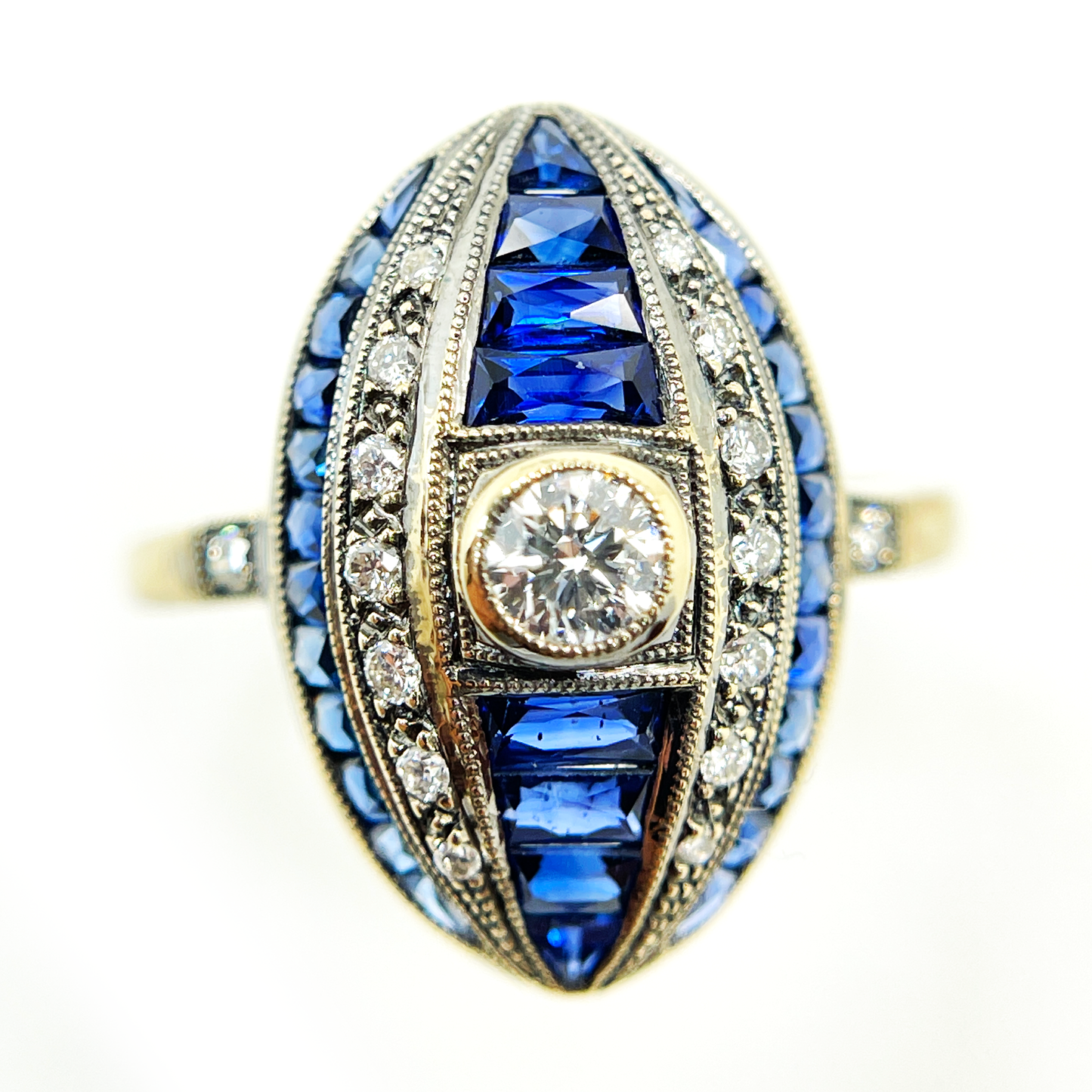 Vintage Reproduction 18K Yellow Gold, Sapphire, and Diamond Ring