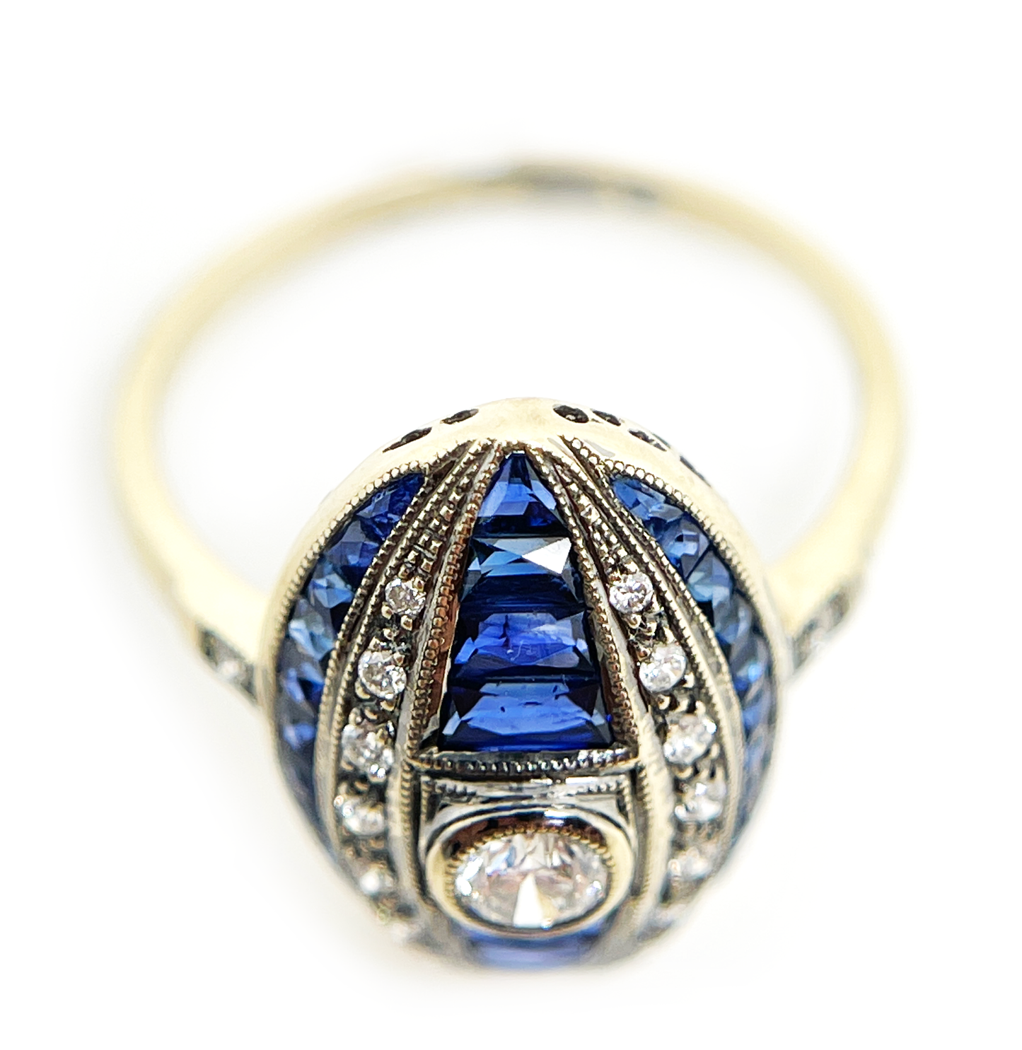 Vintage Reproduction 18K Yellow Gold, Sapphire, and Diamond Ring