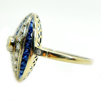 Vintage Reproduction 18K Yellow Gold, Sapphire, and Diamond Ring