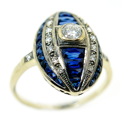 Vintage Reproduction 18K Yellow Gold, Sapphire, and Diamond Ring