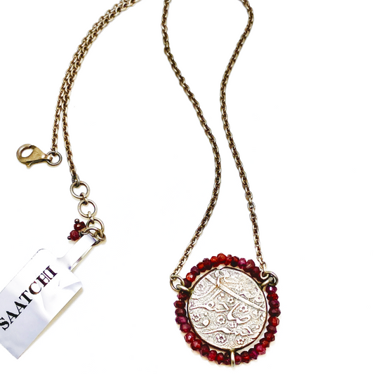 850k Silver Coin Necklace With Garnet Beads Around The Coin